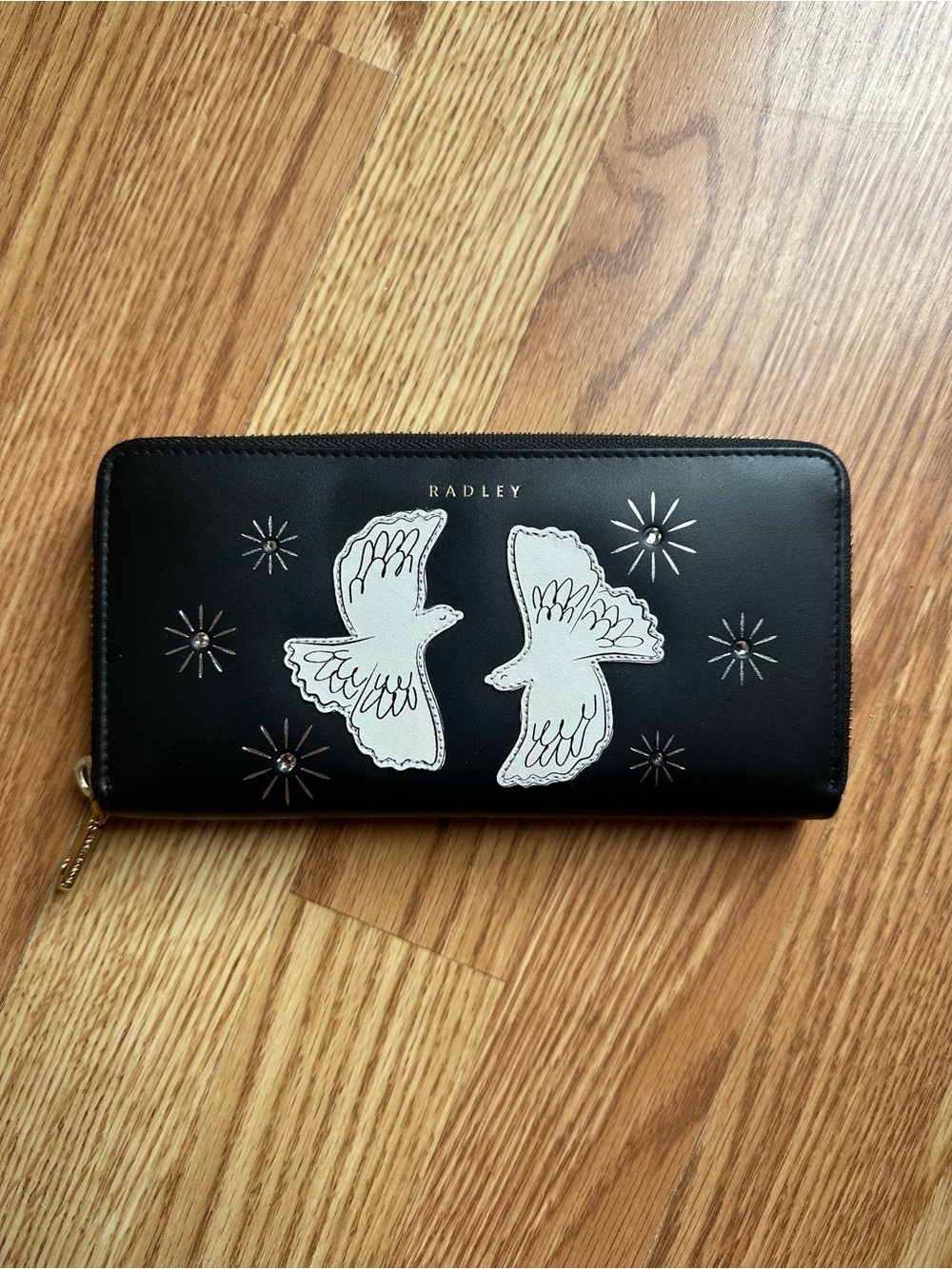 NWOT RADLEY LONDON Black Zip Wallet White Doves and Rhinestone Embellishment